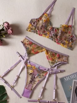 Ensemble Soutien-Gorge Et Culotte Femme 4 Pièces Lingerie Brodé Transparent