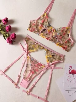 Ensemble Soutien-Gorge Et Culotte Femme 4 Pièces Lingerie Brodé Transparent