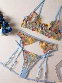 Ensemble Soutien-Gorge Et Culotte Femme 4 Pièces Lingerie Brodé Transparent
