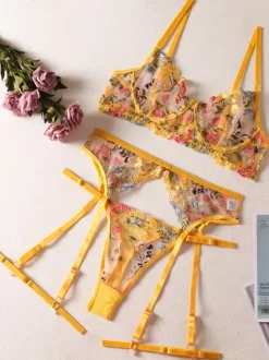 Ensemble Soutien-Gorge Et Culotte Femme 4 Pièces Lingerie Brodé Transparent