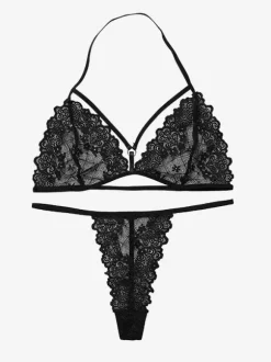 Ensemble soutien-gorge et string en dentelle noire à cils brassière dos nu et string