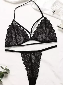 Ensemble soutien-gorge et string en dentelle noire à cils brassière dos nu et string