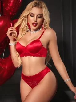 Ensemble soutien-gorge et culotte en dentelle rouge satinée brillante deux pièces pour la Saint-Valentin
