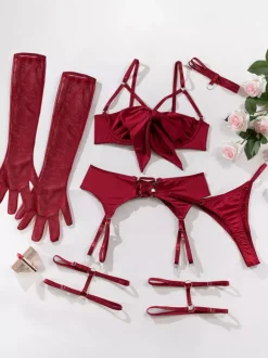 Ensemble soutien-gorge et culotte bordeaux à lacets 5 pièces