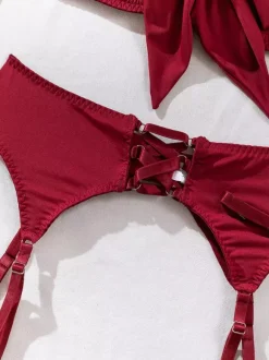 Ensemble soutien-gorge et culotte bordeaux à lacets 5 pièces