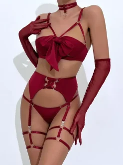 Ensemble soutien-gorge et culotte bordeaux à lacets 5 pièces