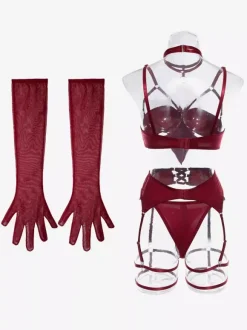 Ensemble soutien-gorge et culotte bordeaux à lacets 5 pièces