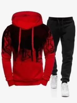 Ensemble Sweat À Capuche Sport Hommes Noir Rouge Décontracté Pantalon