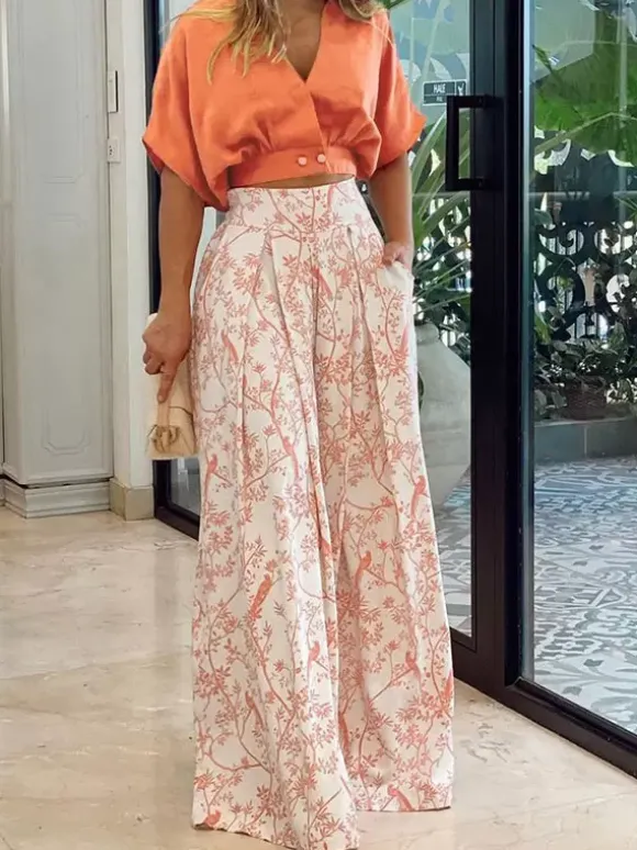 Ensemble Tailleur Pantalon Pour Femme Femme Imprimé Pantalons Longues Bicolores Bas Evasée