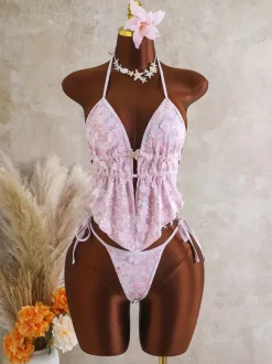 Ensemble tankini dos nu à paillettes pour femme - Maillot de bain 2 pièces à appliqué floral et breloque étoile de mer - Idéal pour les fêtes d'été à la plage 2026