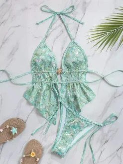 Ensemble tankini dos nu à paillettes pour femme - Maillot de bain 2 pièces à appliqué floral et breloque étoile de mer - Idéal pour les fêtes d'été à la plage 2026