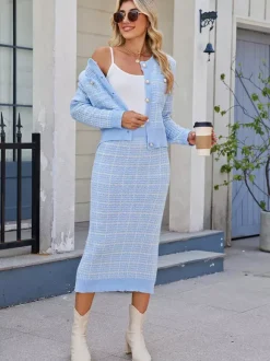 Ensemble tricoté avec cardigan à carreaux et jupe crayon mi-longue pour femme 2026