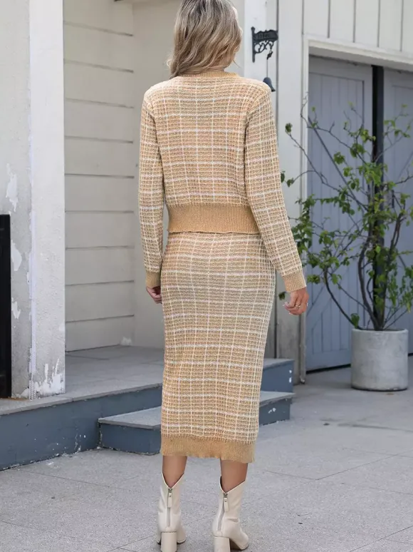 Ensemble tricoté avec cardigan à carreaux et jupe crayon mi-longue pour femme 2026