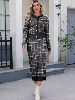 Ensemble tricoté avec cardigan à carreaux et jupe crayon mi-longue pour femme 2026