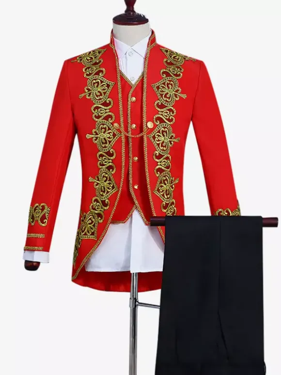 Ensemble vintage noir avec boutons appliqués rétro et motif c艙urs manches longues manteau en polyester costumes rétro pour homme