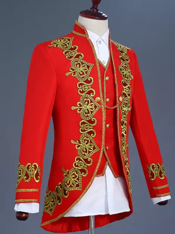 Ensemble vintage noir avec boutons appliqués rétro et motif c艙urs manches longues manteau en polyester costumes rétro pour homme