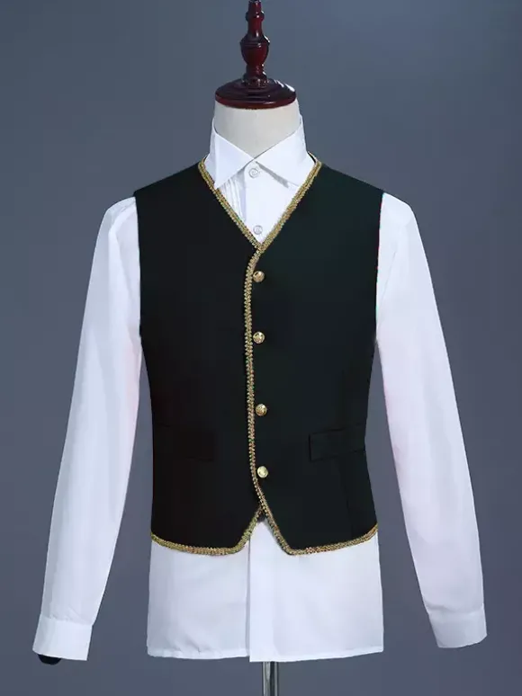 Ensemble vintage noir avec boutons appliqués rétro et motif c艙urs manches longues manteau en polyester costumes rétro pour homme