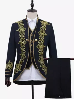 Ensemble vintage noir avec boutons appliqués rétro et motif c艙urs manches longues manteau en polyester costumes rétro pour homme