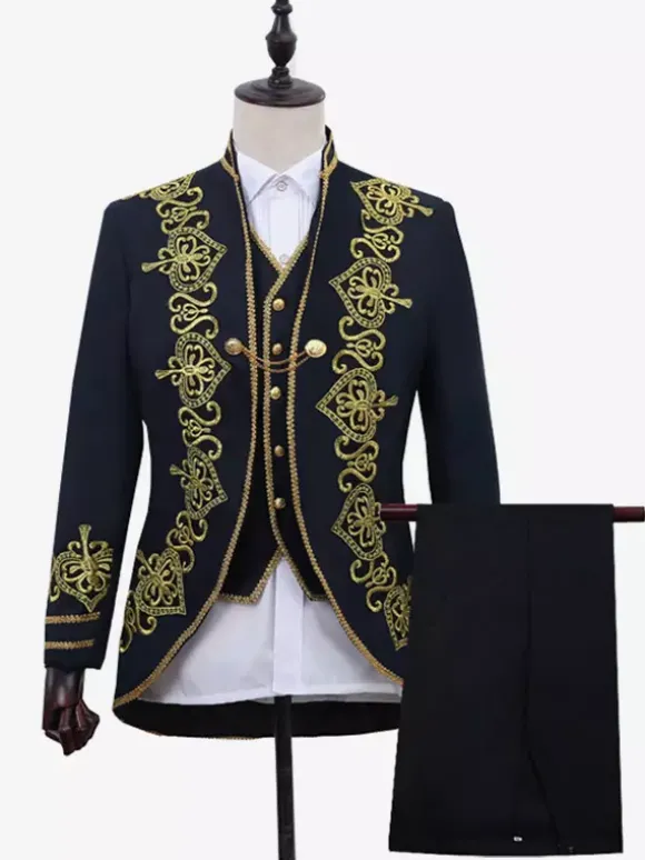 Ensemble vintage noir avec boutons appliqués rétro et motif c艙urs manches longues manteau en polyester costumes rétro pour homme