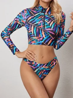 Ensemble bikini deux pièces court à manches longues et demi-zip à motif de feuilles de palmier colorées