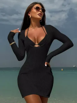 Ensemble bikini dos nu et mini-robe cache-maillot à manches longues et col en U maillot de bain 3 pièces 2026
