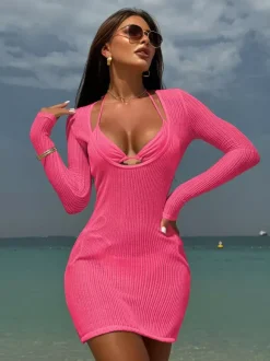Ensemble bikini dos nu et mini-robe cache-maillot à manches longues et col en U maillot de bain 3 pièces 2026