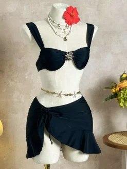 Ensemble bikini 3 pièces avec paréo à volants et ornement soleil