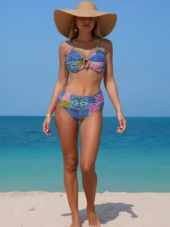 Ensemble bikini push-up à imprimé floral multicolore pour femme - Haut à anneaux sur le devant et bas échancré maillot de bain 2 pièces - Été 2026