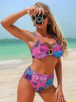 Ensemble bikini push-up à imprimé floral multicolore pour femme - Haut à anneaux sur le devant et bas échancré maillot de bain 2 pièces - Été 2026