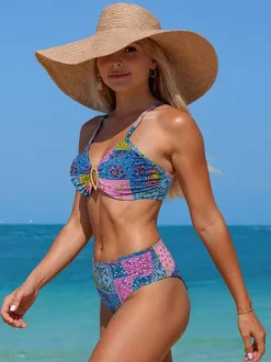 Ensemble bikini push-up à imprimé floral multicolore pour femme - Haut à anneaux sur le devant et bas échancré maillot de bain 2 pièces - Été 2026