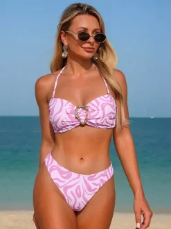 Ensemble bikini push-up pour femme - Haut bandeau imprimé zèbre à anneaux sur le devant bas échancré maillot de bain 2 pièces - Été Plage 2026