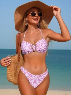 Ensemble bikini push-up pour femme - Haut bandeau imprimé zèbre à anneaux sur le devant bas échancré maillot de bain 2 pièces - Été Plage 2026
