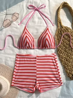 Ensemble bikini rétro rayé en éponge pour femme - Maillot de bain 2 pièces taille haute avec haut triangle dos nu et short - Été plage 2026