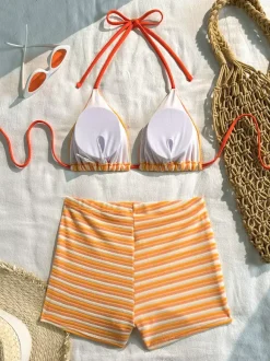 Ensemble bikini rétro rayé en éponge pour femme - Maillot de bain 2 pièces taille haute avec haut triangle dos nu et short - Été plage 2026