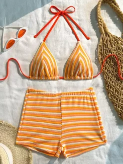 Ensemble bikini rétro rayé en éponge pour femme - Maillot de bain 2 pièces taille haute avec haut triangle dos nu et short - Été plage 2026