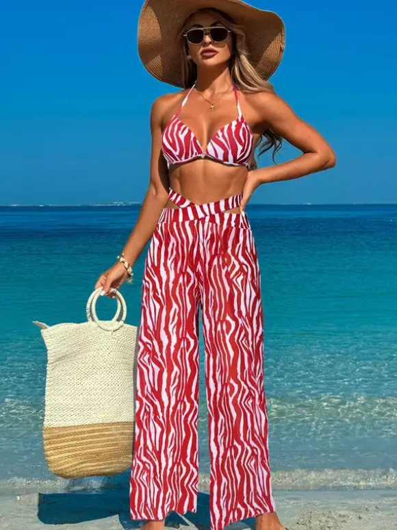 Ensemble bikini simple et pantalon de plage transparent 3 pièces pour l'été 2026