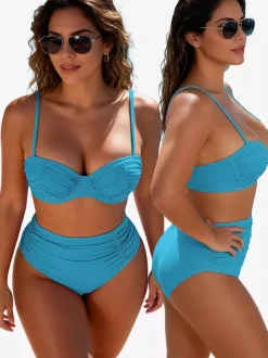 Ensemble bikini uni pour femme - Maillot de bain deux pièces rétro minimaliste à taille haute froncée - Idéal pour les fêtes d'été à la plage et à la piscine 2026