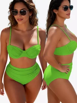 Ensemble bikini uni pour femme - Maillot de bain deux pièces rétro minimaliste à taille haute froncée - Idéal pour les fêtes d'été à la plage et à la piscine 2026
