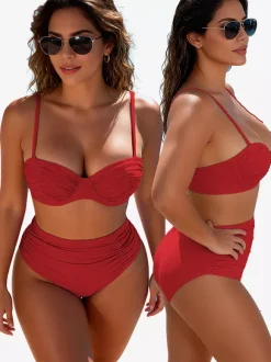 Ensemble bikini uni pour femme - Maillot de bain deux pièces rétro minimaliste à taille haute froncée - Idéal pour les fêtes d'été à la plage et à la piscine 2026