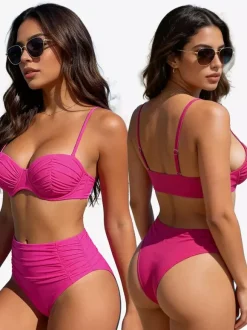 Ensemble bikini uni pour femme - Maillot de bain deux pièces rétro minimaliste à taille haute froncée - Idéal pour les fêtes d'été à la plage et à la piscine 2026