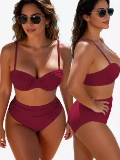 Ensemble bikini uni pour femme - Maillot de bain deux pièces rétro minimaliste à taille haute froncée - Idéal pour les fêtes d'été à la plage et à la piscine 2026