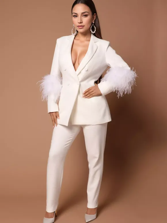 Ensemble Blazer Pantalon Noir Sexy Party Plumes