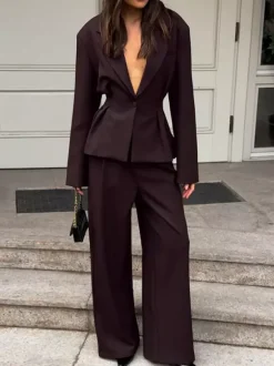 Ensemble blazer péplum marron foncé pour femme - Pantalon large à taille plissée et coupe slim - Tenue de bureau printemps 2026