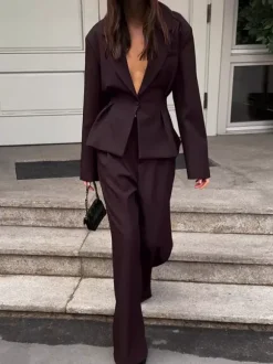 Ensemble blazer péplum marron foncé pour femme - Pantalon large à taille plissée et coupe slim - Tenue de bureau printemps 2026
