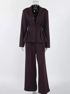 Ensemble blazer péplum marron foncé pour femme - Pantalon large à taille plissée et coupe slim - Tenue de bureau printemps 2026