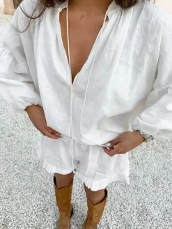 Ensemble chemise oversize en lin rose pastel bleu et blanc taille élastique et short à volants