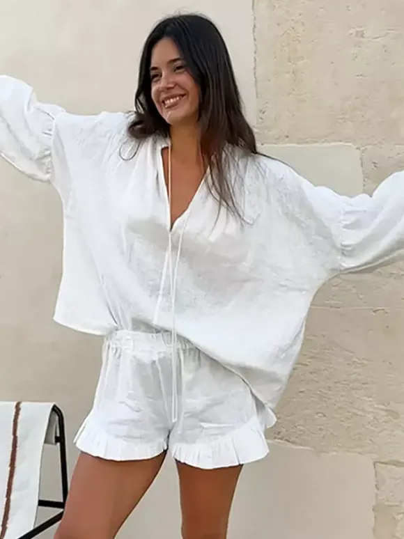 Ensemble chemise oversize en lin rose pastel bleu et blanc taille élastique et short à volants