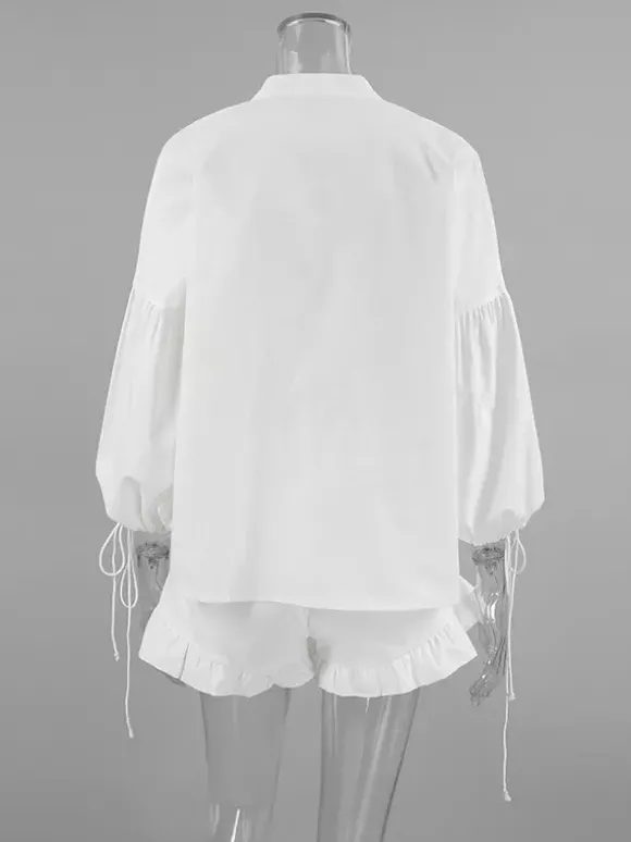 Ensemble chemise oversize en lin rose pastel bleu et blanc taille élastique et short à volants
