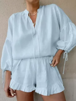 Ensemble chemise oversize en lin rose pastel bleu et blanc taille élastique et short à volants