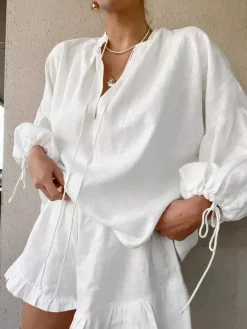 Ensemble chemise oversize en lin rose pastel bleu et blanc taille élastique et short à volants